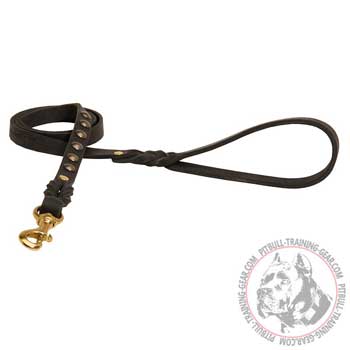 Studded Leather Dog Leash for Pit Bull with Gold-Like Brass Snap Hook