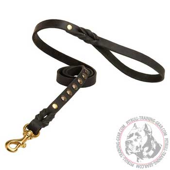 Fashion Studded Leather Dog Leash for Pit Bull Terrier with Brass Snap Hook