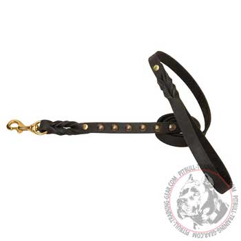 Studded Leather Dog Lead for Pitbull with Braids